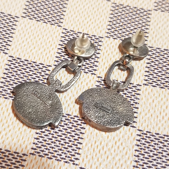 Designer signed Vintage Deco Style Sterling MOP Marcasite Onyx Earrings - Picture 4 of 8